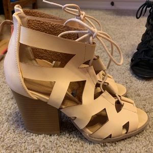 Cream lace up block heels